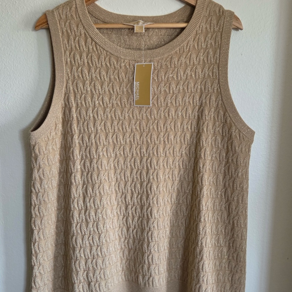 Michael Kors 1X NWT Metallic Logo Beige Knit Sleeveless Top